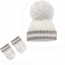 H648-W-SM: White Ribbed Hat & Mittens (0-12m)